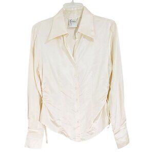 Finley Womens Ivory‎ Button Up Blouse Ruched Side Tie Long Sleeve Size Small